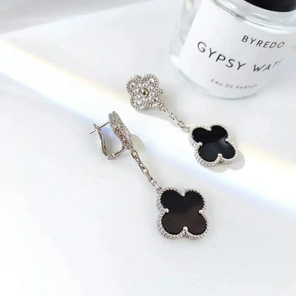 Mysitc CLOVER 2 MOTIFS  DIAMOND ONYX EARRINGS SILVER