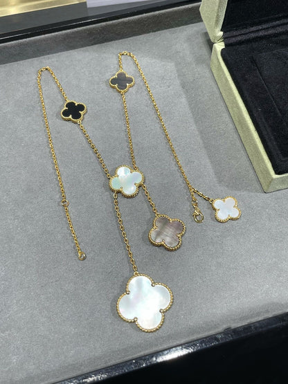 Mysitc CLOVER 6 MOTIF MOP ONYX GOLD NECKLACE