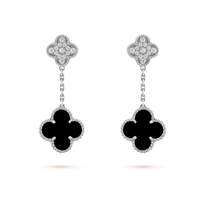 Mysitc CLOVER 2 MOTIFS  DIAMOND ONYX EARRINGS SILVER