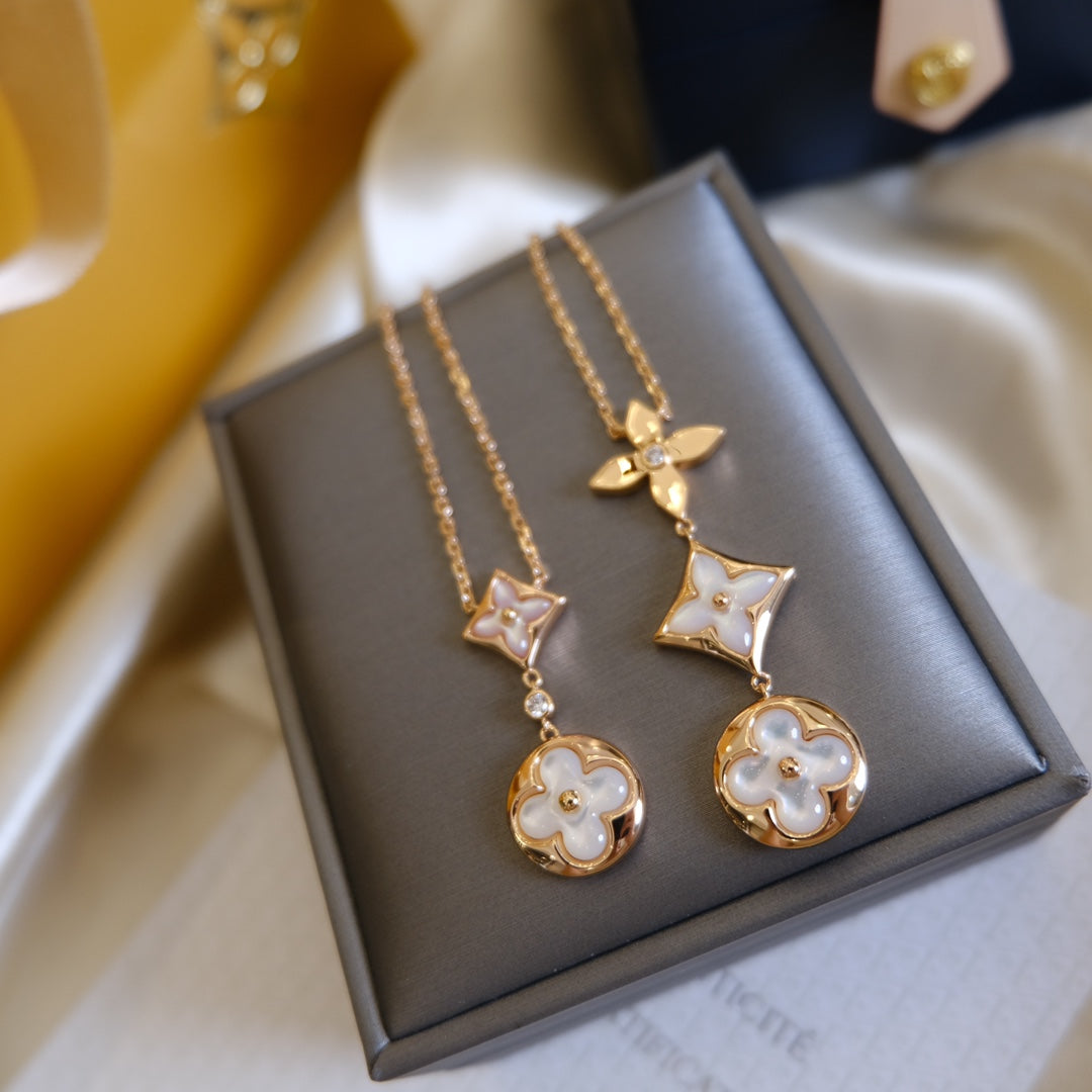 Mysitc COLOR BLOSSOM LARIAT NECKLACE PINK GOLD WHITE MOTHER PEARL AND DIAMOND