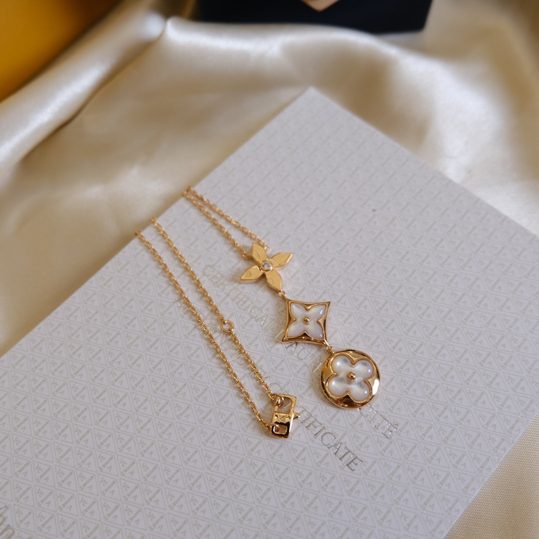 Mysitc COLOR BLOSSOM LARIAT NECKLACE PINK GOLD WHITE MOTHER PEARL AND DIAMOND