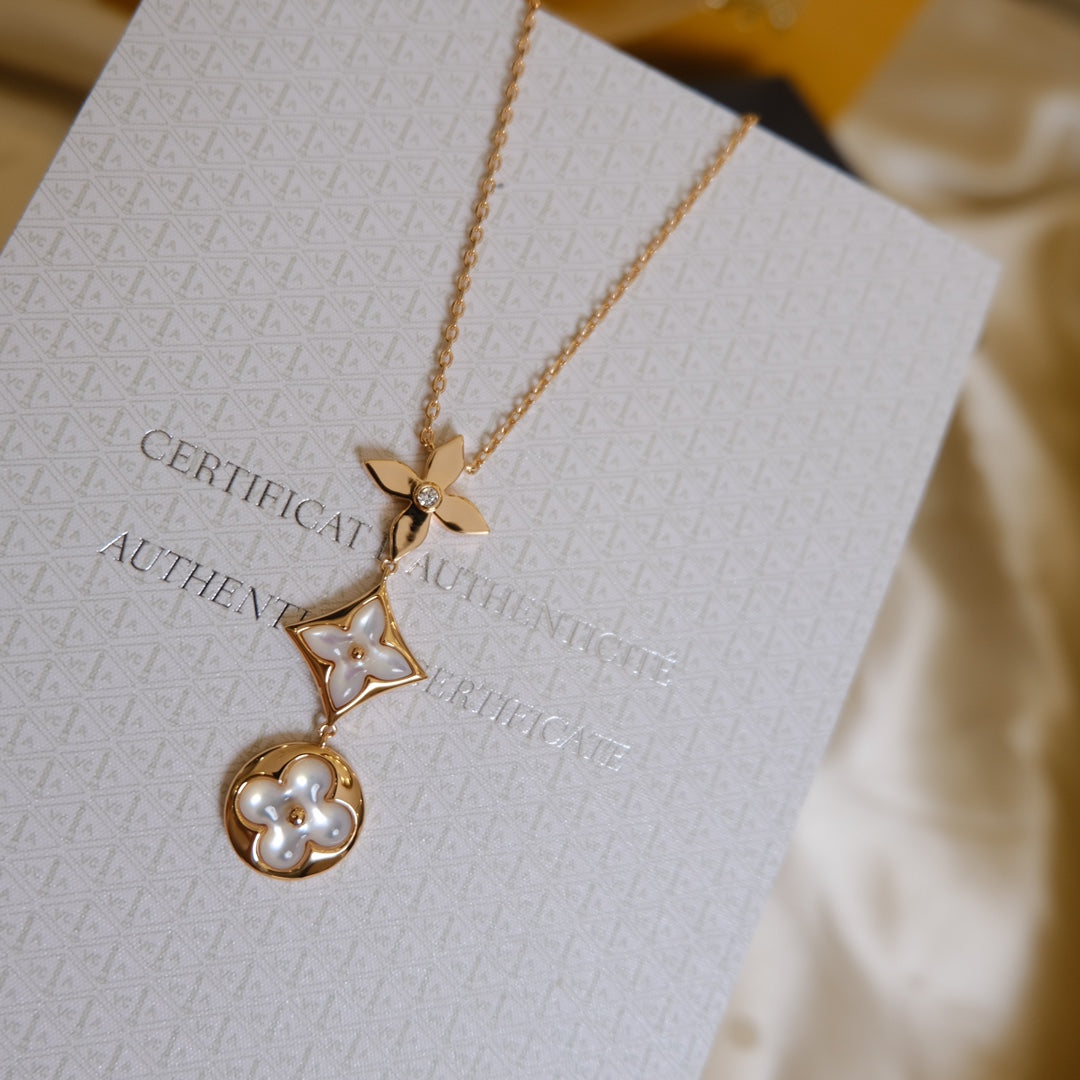 Mysitc COLOR BLOSSOM LARIAT NECKLACE PINK GOLD WHITE MOTHER PEARL AND DIAMOND