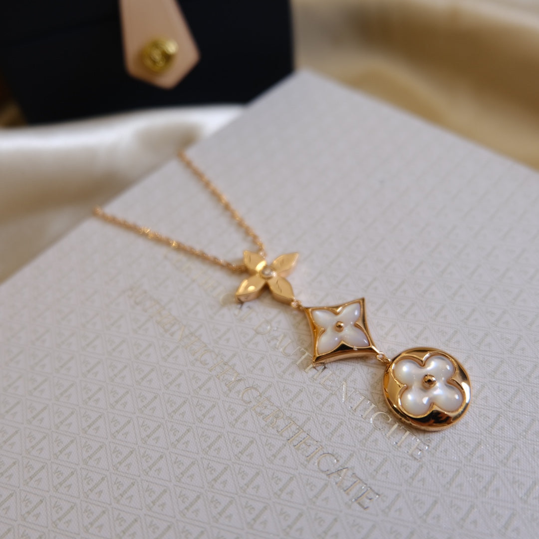 Mysitc COLOR BLOSSOM LARIAT NECKLACE PINK GOLD WHITE MOTHER PEARL AND DIAMOND