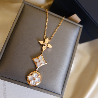 Mysitc COLOR BLOSSOM LARIAT NECKLACE PINK GOLD WHITE MOTHER PEARL AND DIAMOND