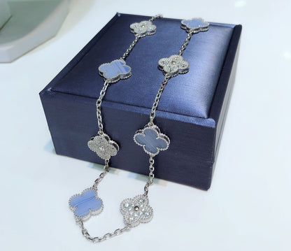 Mysitc CLOVER 10 MOTIFS CHALCEDONY DIAMONDS SILVER NECKLACE