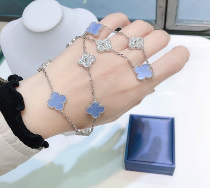 Mysitc CLOVER 10 MOTIFS CHALCEDONY DIAMONDS SILVER NECKLACE